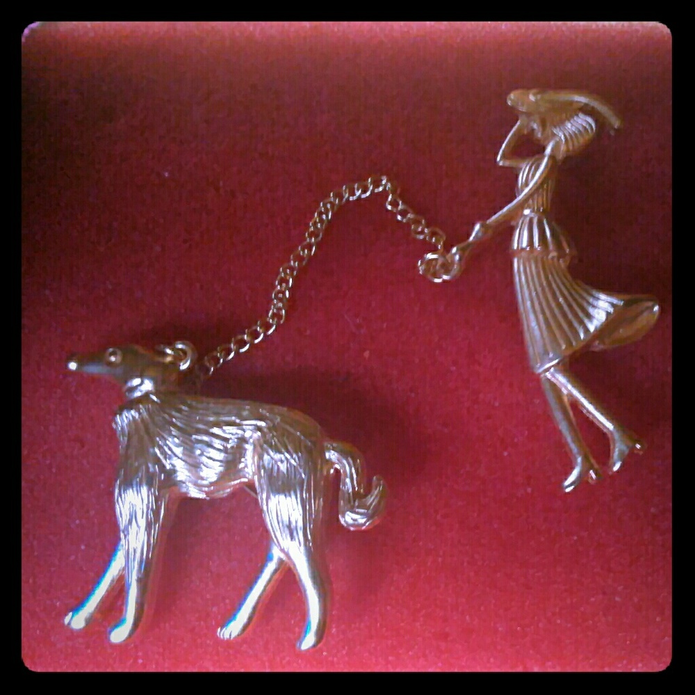 Woman walking dog brooch